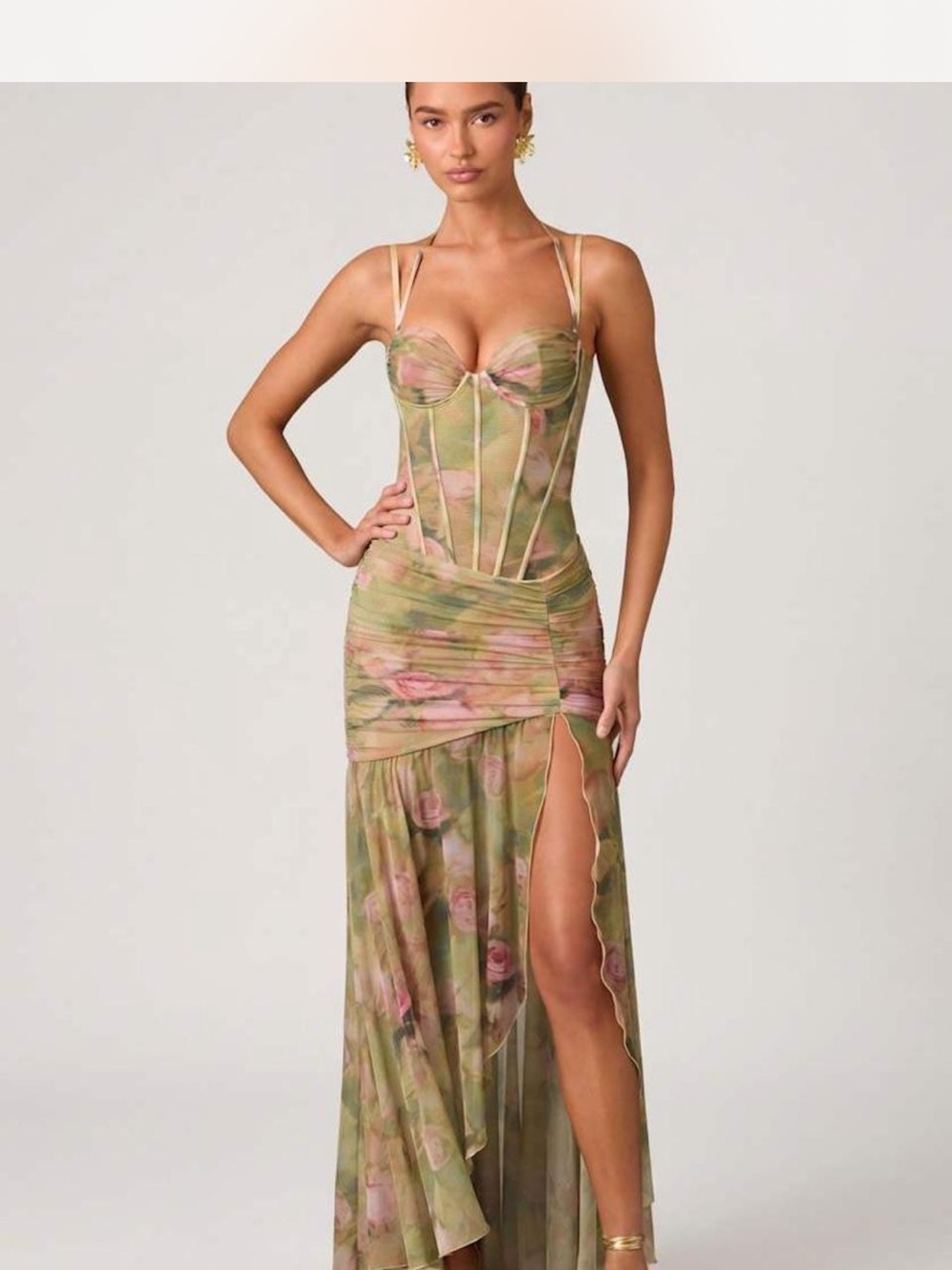 Oh Polly Green and Pink Floral Mesh Corset Maxi Dress